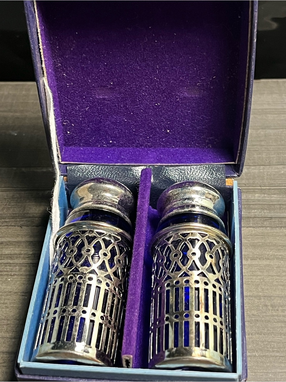Vintage Cobalt Blue Glass and Silver toned Filigree Salt & Pepper Set